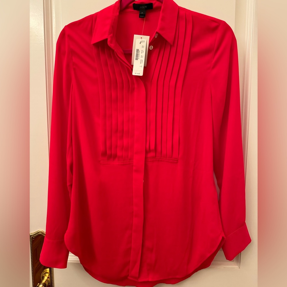 J.Crew Red BCE Pleat Front Button Front Long Sleeve Blouse Top Womens Size 2